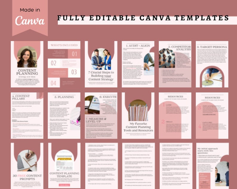 May include: A pink and white digital marketing template with the text "Content Planning" and "7 Crucial Steps to Building Your Content Strategy". The template includes sections for competitor analysis, target persona, content pillars, planning, and execution.