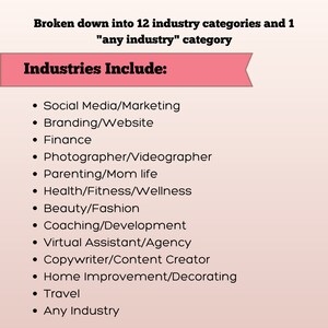 May include: A list of 12 different industries, including social media, branding, finance, photography, parenting, health, beauty, coaching, virtual assistant, copywriting, home improvement, travel, and any industry.
