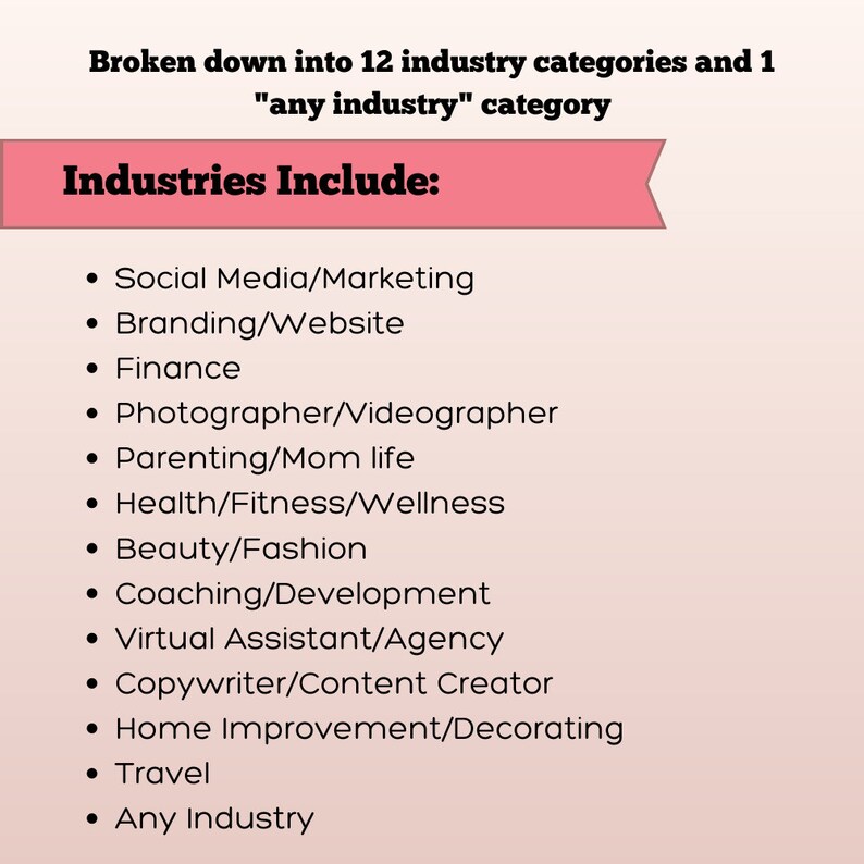 May include: A list of 12 different industries, including social media, branding, finance, photography, parenting, health, beauty, coaching, virtual assistant, copywriting, home improvement, travel, and any industry.