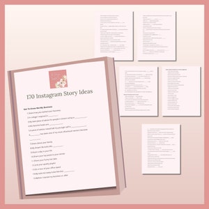 May include: A pink and white floral design with the text "The Dream Hustle" and "170 Instagram Story Ideas". The page lists ideas for Instagram stories, including "Get to Know Me/My Business" and "Share how you started your business".