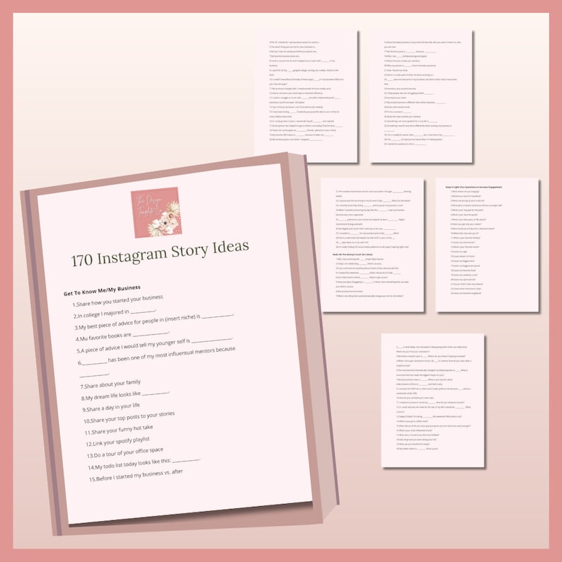 May include: A pink and white floral design with the text "The Dream Hustle" and "170 Instagram Story Ideas". The page lists ideas for Instagram stories, including "Get to Know Me/My Business" and "Share how you started your business".