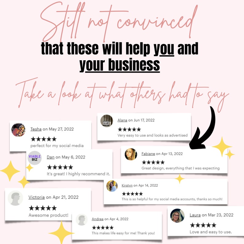 May include: A collage of customer testimonials with five-star ratings and positive reviews about a product or service. The reviews highlight the ease of use, design, and helpfulness of the product. The text includes phrases like "perfect for my social media", "very easy to use", "great design", "helpful for my social media accounts", "makes life easy", and "love and easy to use".