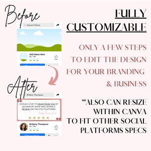 May include: Before and after image showing how to customize a social media post template. The before image shows a generic template with a placeholder for a name. The after image shows a customized template with a customer review and a five-star rating.