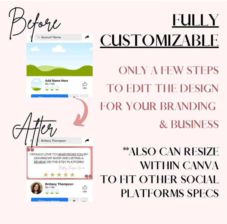 May include: Before and after image showing how to customize a social media post template. The before image shows a generic template with a placeholder for a name. The after image shows a customized template with a customer review and a five-star rating.