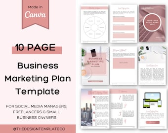 May include: A pink and white 10-page business marketing plan template for social media managers, freelancers, and small business owners. The template includes sections for mission statement, target audience, and marketing strategies.