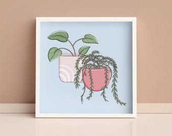 Blue House Plants: Soft Botanical 6x6 Wall Art Print