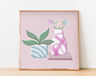 Still Life Print: 6x6 Botanical, soft pastel, wall art.