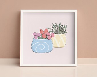 Pink House Plants: Soft Botanical 6x6 Wall Art Print