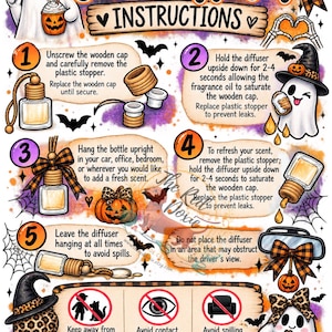 May include: An instructional graphic for a car diffuser featuring Halloween-themed illustrations of ghosts, pumpkins, and bats. The text provides five numbered steps for usage, safety warnings, and the title Car Diffuser Instructions in orange and black.
