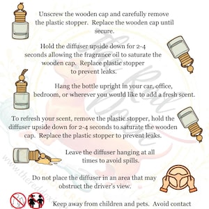 May include: Instructions for using a car diffuser, with illustrations of the product. Text includes steps for use, such as removing the stopper and hanging the bottle. The text also includes safety precautions.