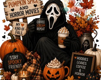 Ghostface con sabor a calabaza PNG, especias de calabaza, café divertido PNG, arte digital, descarga digital, inspirado en Ghostface, café Ghostface