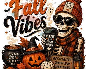 Café con ambiente otoñal de Skelly PNG, descarga digital, café divertido PNG, café con ambiente otoñal, arte digital, PNG divertido, ambiente de café