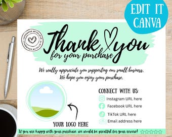 Plantilla de agradecimiento por su compra, plantilla de Canva, empaque para pequeñas empresas, descarga digital, inserto para empaque