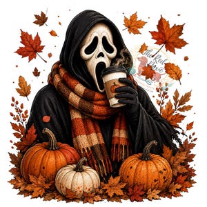 May include: A hooded figure with a white ghost mask wears a thick orange and brown striped scarf while holding a coffee cup with a pumpkin graphic. Three pumpkins sit at the base, surrounded by scattered orange and brown autumn maple leaves.