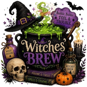 May include: A black cauldron filled with bubbling green liquid, a witch hat, a skull, two glass bottles labeled Magic Potions and Witches Brew, two books titled Poisons & Curses and Spells & Charms, a pumpkin, and a candle with the text Bubble, Bubble, TOIL & TROUBLE.