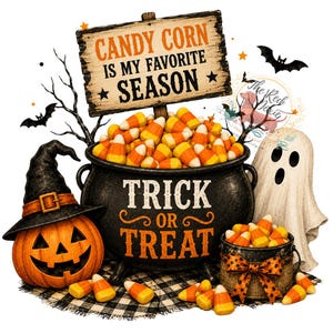 May include: A black cauldron filled with orange, yellow, and white candy corn, featuring the text TRICK OR TREAT. A wooden sign above reads CANDY CORN IS MY FAVORITE SEASON. Includes a jack-o'-lantern with a witch hat, a ghost, and bats.