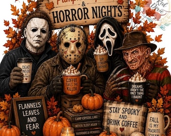 Horror Nights Pumpkin Spice PNG, Horrorfilm-Charaktere, Michael Myers, Jason Vorhees, Ghostface, Freddy Krueger, Kürbisgewürz