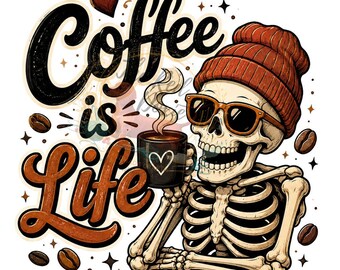 El café es vida PNG, descarga digital, Skelly El café es vida, café divertido PNG, café PNG, esqueleto divertido