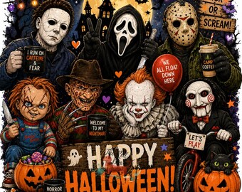 Happy Halloween PNG, Horrorfilm Charaktere PNG, gruselige PNG, Ghostface, Michael Myers, Jason Vorhees, Freddy, Pennywise, Chucky