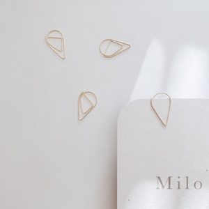 Könnte beinhalten: Vier goldene Büroklammern in Tropfenform mit einem Dreieck im Inneren. Die Büroklammern liegen auf einer weißen Oberfläche. Das Wort "Milo" steht auf einer weißen Karte.
