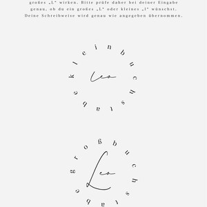 May include: A graphic design guide showing two circular arrangements of letters surrounding the name Lea. The top circle features a lowercase l, while the bottom circle features an uppercase L. Text instructions in German explain the distinction between the two letter forms for custom orders.
