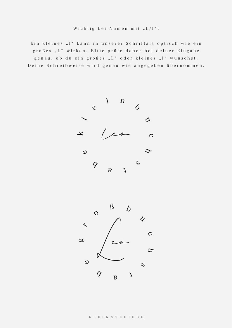 May include: A graphic design guide showing two circular arrangements of letters surrounding the name Lea. The top circle features a lowercase l, while the bottom circle features an uppercase L. Text instructions in German explain the distinction between the two letter forms for custom orders.
