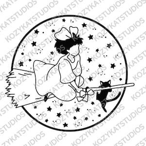 May include: Black and white illustration of a girl with a bow in her hair flying on a broomstick with a black cat. The background is a circle with stars.