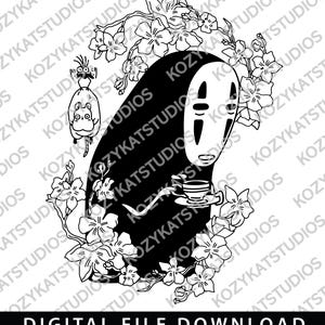 以下が含まれることがあります： 千と千尋の神隠しのキャラクターが花に囲まれた白黒のデジタルイラスト。キャラクターはティーカップを持っています。「DIGITAL FILE DOWNLOAD」のテキストが含まれています。