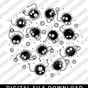 Może przedstawiać: Czarno-biała ilustracja grupy okrągłych, puszystych stworzeń z małymi gwiazdami rozrzuconymi wokół nich. Stworzenia mają duże oczy i trzymają się sznurków.