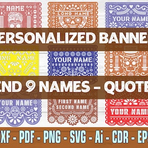 Banner mexicano SVG, clipart de papel picado, banderines personalizados, banderines personalizados del Día de Muertos, recortes de papel personalizados