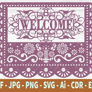 May include: Purple welcome sign with a decorative floral design and a candle in the center. The sign is in the style of Mexican paper cutting.