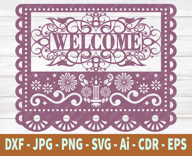May include: Purple welcome sign with a decorative floral design and a candle in the center. The sign is in the style of Mexican paper cutting.