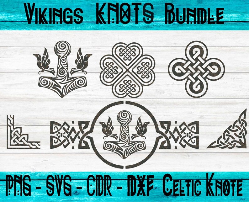 May include: A set of eight black and white Viking knot designs, including a clover, a cross, and a hammer. The designs are in a variety of styles and are perfect for crafting projects.
