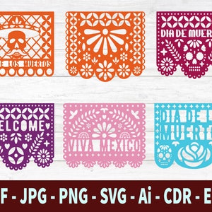 Papel Picado Clipart, Mexican Bunting Banner, Fiesta Bunting Banner Dia de Muertos, Party Bunting, Papel Picado SVG, PNG, EPS, Ai, Dxf, Cdr