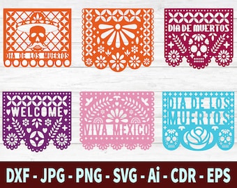 Papel Picado Clipart, Mexican Bunting Banner, Fiesta Bunting Banner Dia de Muertos, Party Bunting, Papel Picado SVG, PNG, EPS, Ai, Dxf, Cdr