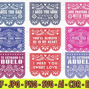 Dzień Zmarłych Papel Picado, SVG CRICUT pliki do cięcia SZABLONY Papel Picado ozdoba na tort, Mini banery 2,5 cala, Cricut Silhouette svg png