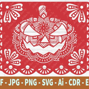 May include: Red paper cutout of a jack-o'-lantern with intricate mandala designs. The design is perfect for Halloween decorations or crafts.