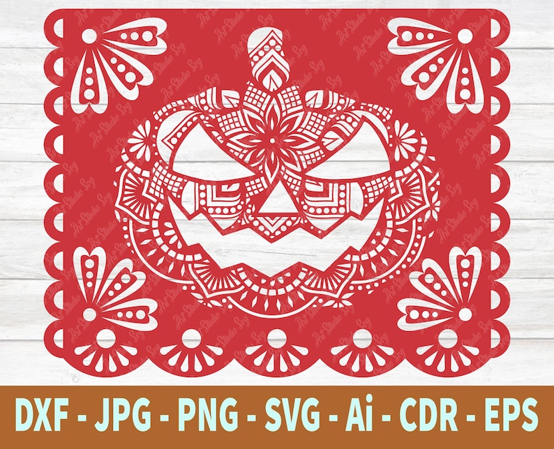May include: Red paper cutout of a jack-o'-lantern with intricate mandala designs. The design is perfect for Halloween decorations or crafts.