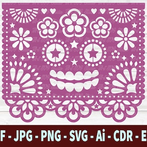 May include: A pink and white paper cutout design with a skull shape and floral patterns. The design is a traditional Mexican paper craft called "papel picado".