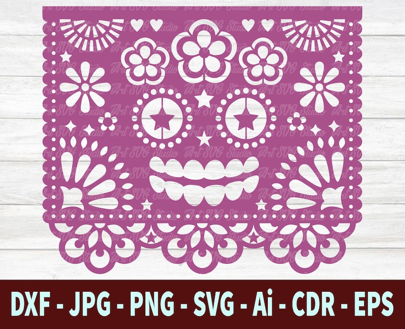 May include: A pink and white paper cutout design with a skull shape and floral patterns. The design is a traditional Mexican paper craft called "papel picado".