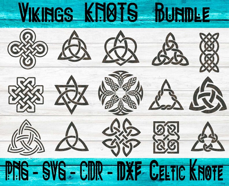 May include: A set of 15 black and white Celtic knot designs. The designs are in the shape of circles, squares, triangles, stars, and crosses. The text "Vikings Knots Bundle" is at the top of the image. The text "PNG - SVG - CDR - DXF Celtic Knot" is at the bottom of the image.