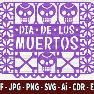 May include: Purple paper cut-out design with a Day of the Dead theme. The design features the text "DIA DE LOS MUERTOS" and four skull designs.