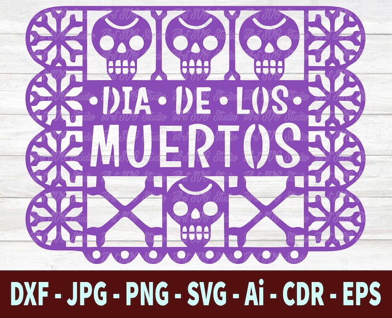 May include: Purple paper cut-out design with a Day of the Dead theme. The design features the text "DIA DE LOS MUERTOS" and four skull designs.