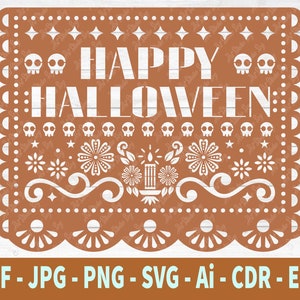 May include: A brown paper cutout with a white design. The design features the text "HAPPY HALLOWEEN" with a candle and floral elements. The cutout has a scalloped edge.
