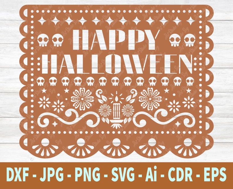 May include: A brown paper cutout with a white design. The design features the text "HAPPY HALLOWEEN" with a candle and floral elements. The cutout has a scalloped edge.
