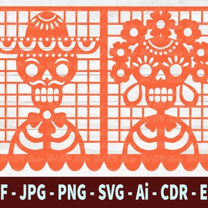 May include: Orange paper cut-out design of two skeletons with floral accents. The skeletons are wearing sombreros and have a traditional Day of the Dead look.