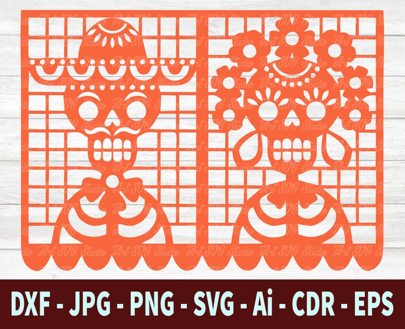May include: Orange paper cut-out design of two skeletons with floral accents. The skeletons are wearing sombreros and have a traditional Day of the Dead look.