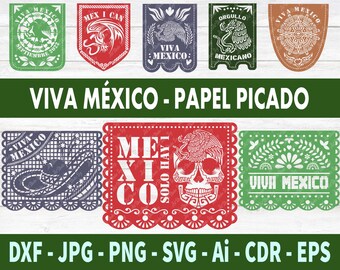 PAPEL PICADO SVG, Viva México Svg, Paquete Papel Picado Svg, Fiesta Decoración, Fiesta Mexicana, 16 de Septiembre, archivos svg para cricut