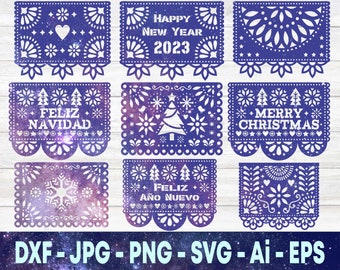 Christmas svg bundle, New Years SVG Bundle, New Year 2023 SVG, Papel Picado cake topper,Papel Picado SvG Banner, Christmas Cricut Silhouette