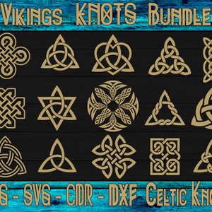May include: A set of 15 gold Celtic knot designs, including a heart, a star, a circle, and various triangles. The designs are on a dark wood background. The text "Vikings Knots Bundle" is at the top of the image. The text "PNG - SVG - CDR - DXF Celtic Knot" is at the bottom of the image.